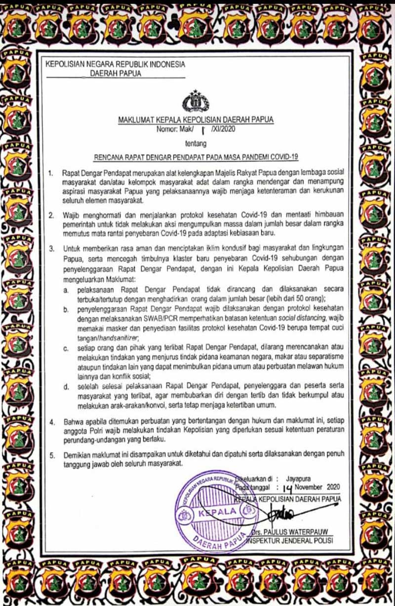 Larang RDPU Rencanakan Separatisme, Ini Isi Lengkap Maklumat Kapolda Papua 2 Maklumat Kapolda Papua RDPU MRP