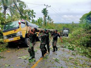 Personel Yonif 312/KH Bantu Evakuasi Pohon Tumbang di Jalan Trans Papua