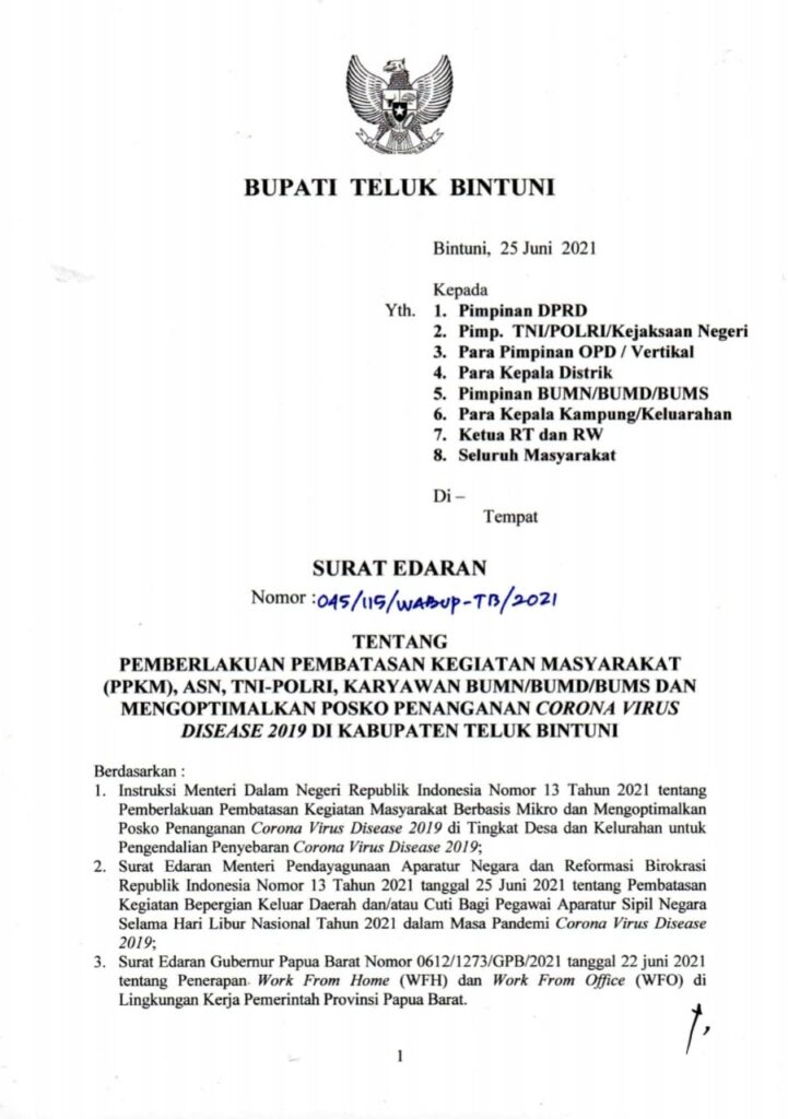 Pemda Teluk Bintuni Mulai Terapkan PPKM