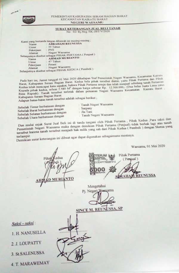 surat ket jual beli tanah Desa Waesamu