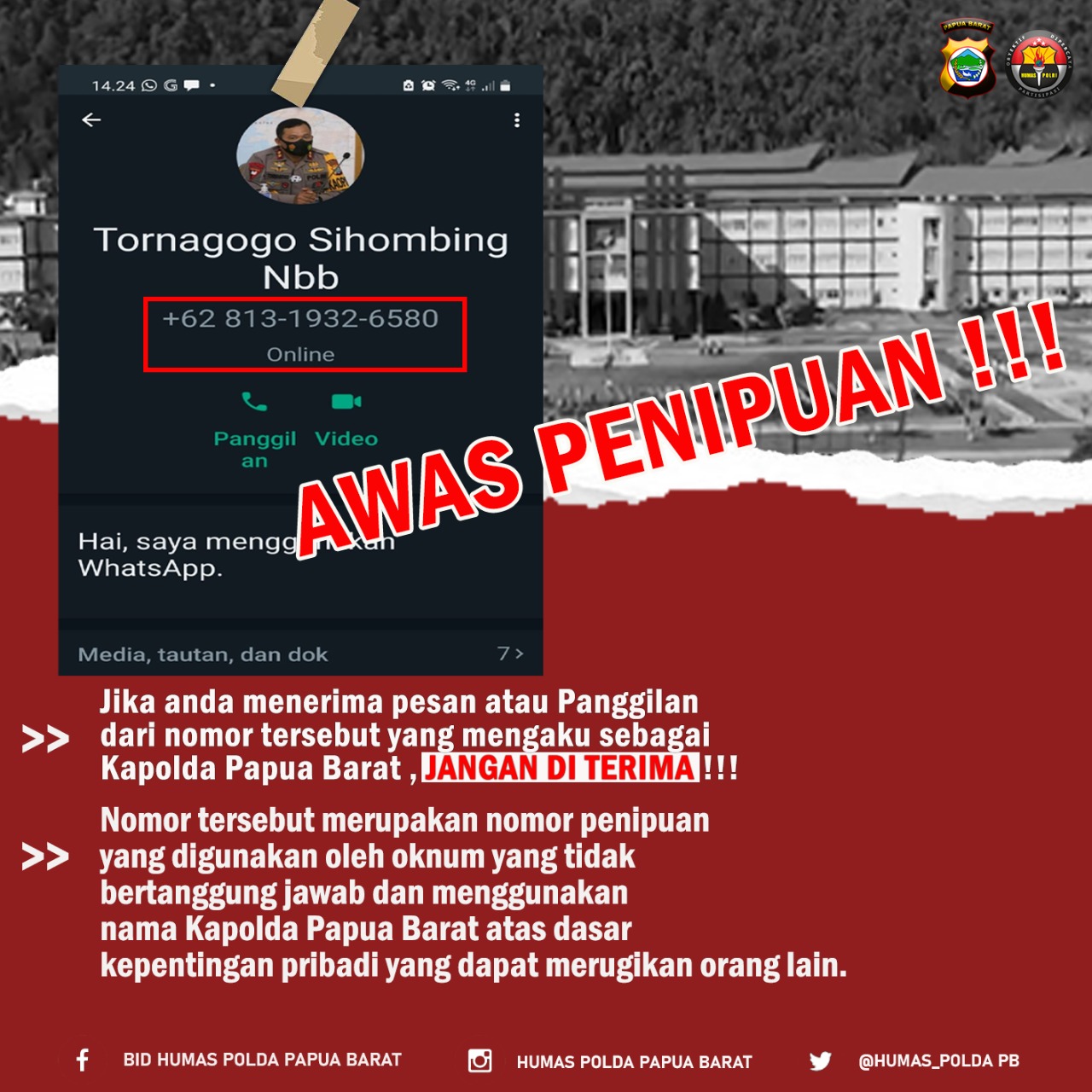 Waspadai Penipuan Nomor Telepon Palsu Kapolda Papua Barat 1 WhatsApp Image 2022 03 08 at 21.07.39