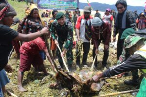Satgas TNI 203/AK Gelar Bakar Batu Peringati HUT TNI Ke-77 di Lanny Jaya