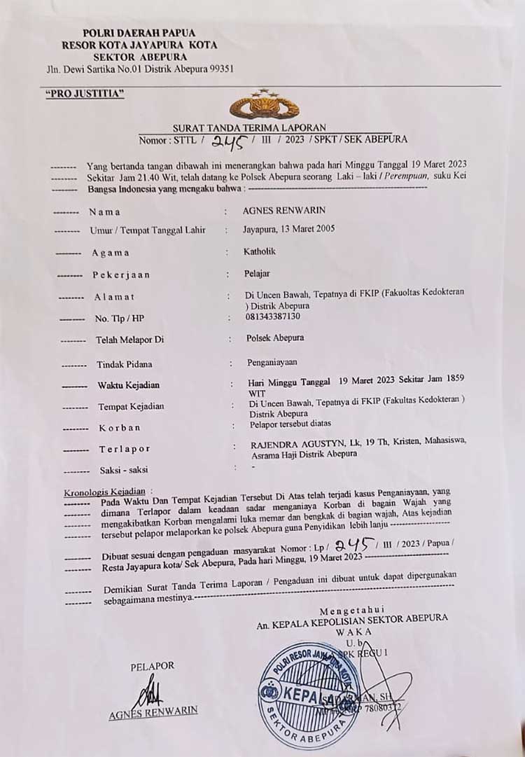 LP Kasus Penganiayaan Putri Alo Renwarin