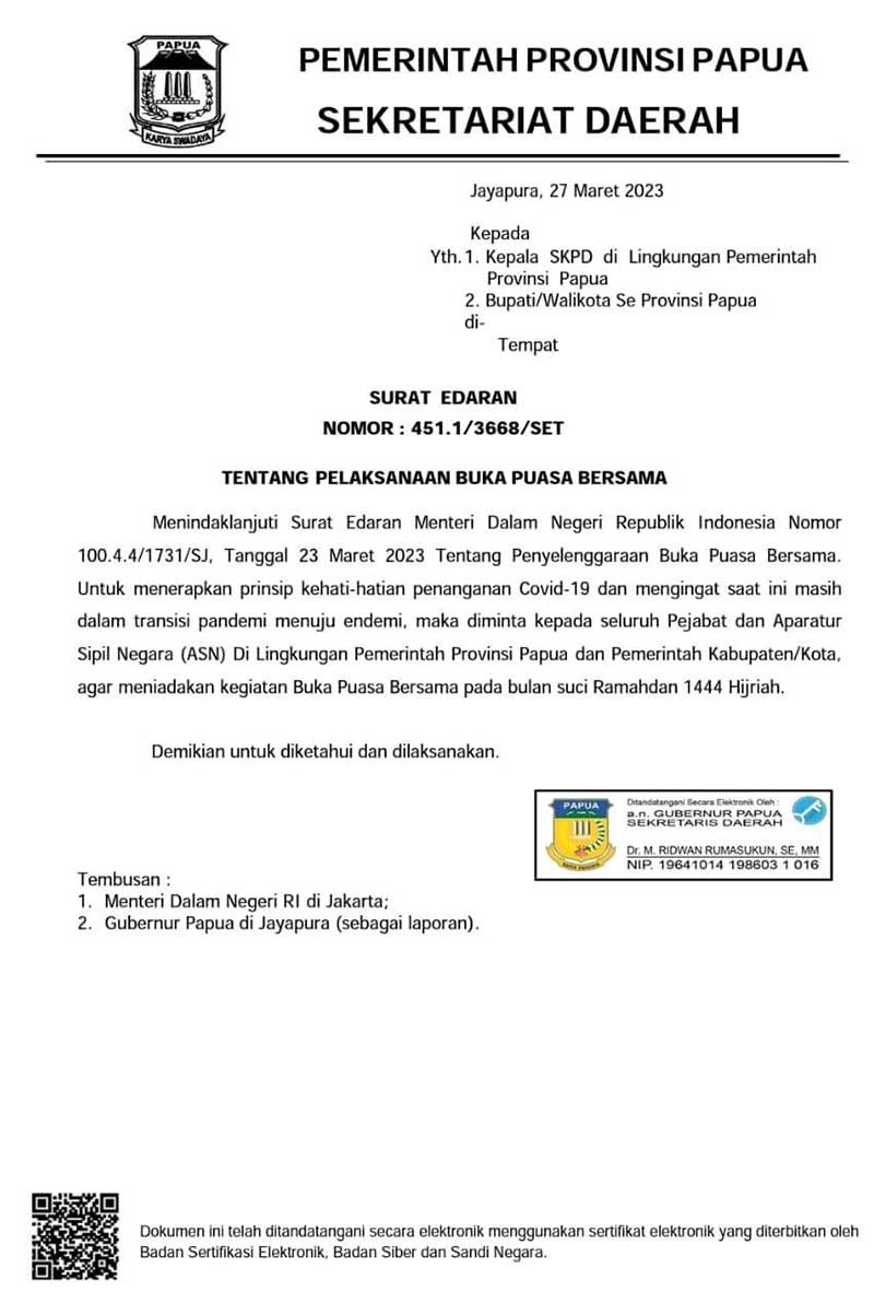 Pemprov Papua Resmi Larang ASN Buka Puasa Bersama 2 Surat Edaran Larang Buka Puasa Bersama2
