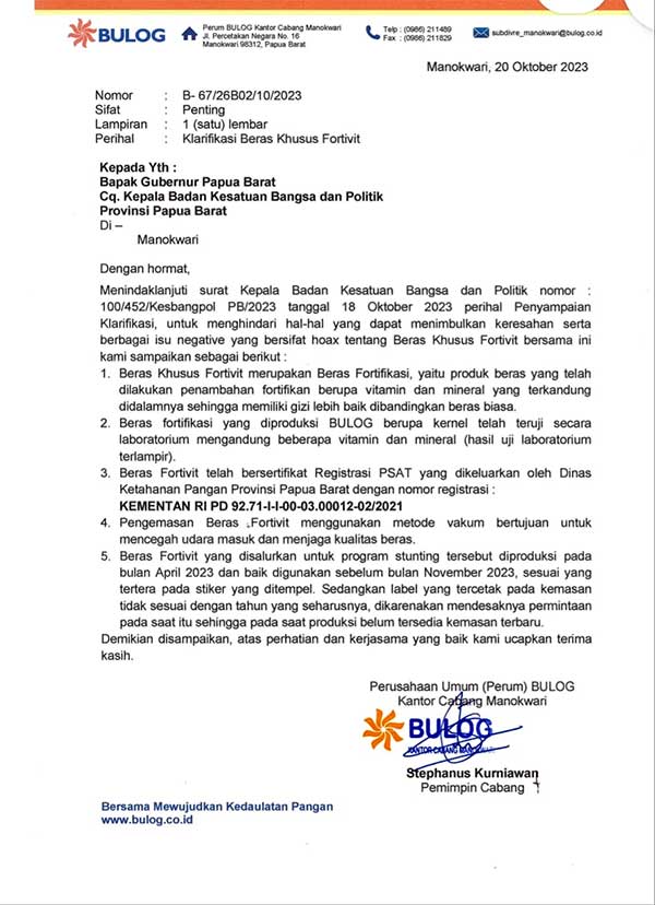 Satgas Stunting dan Bulog Klarifikasi Beras Fortivit Diduga Kadaluwarsa di Kampung Maisepi 2 Beras Forvit Bulog PB