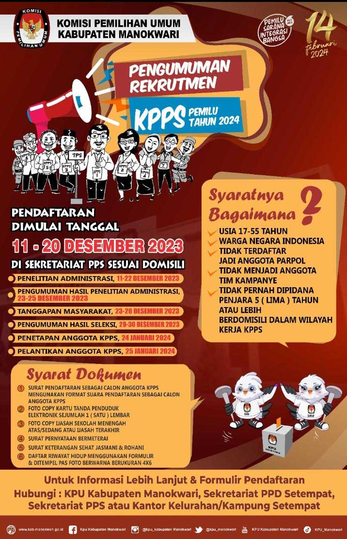 KPU Manokwari Buka Lowongan Rekrut Ribuan KPPS, Ini Syaratnya 2 KPU Manok Buka Lowongan rekrut Ribuan KPPS