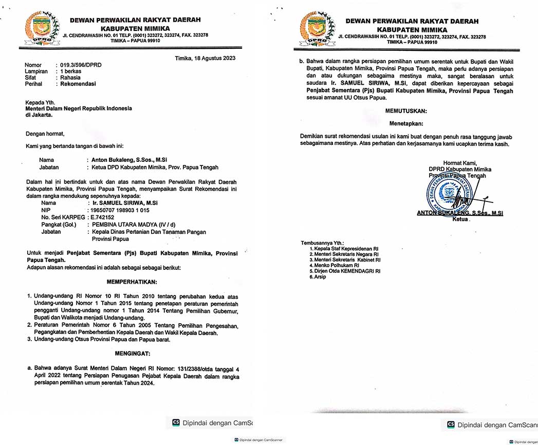 Soal Geger Surat Usulan Pj Bupati, Ketua DPRD Mimika Ungkap Fakta Mengejutkan 2 Rekom DPRD Mimika 18 Agustus 2023