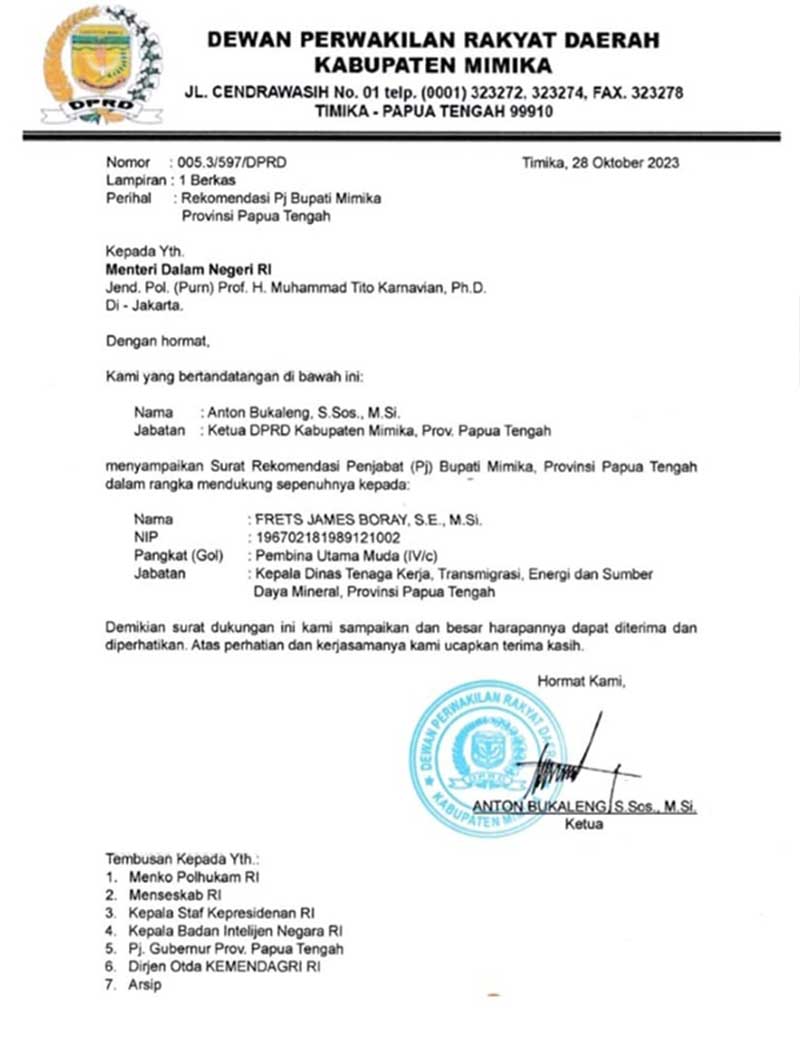 Soal Geger Surat Usulan Pj Bupati, Ketua DPRD Mimika Ungkap Fakta Mengejutkan 4 Rekom DPRD Mimika 28 Okt 2023