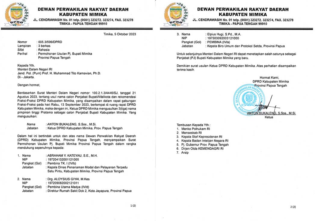 Soal Geger Surat Usulan Pj Bupati, Ketua DPRD Mimika Ungkap Fakta Mengejutkan 3 Rekom DPRD Mimika 5 Okt 2023