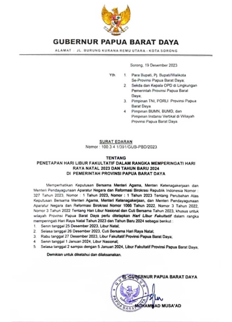 Pemprov PBD Terbitkan Edaran Waktu Libur Nataru 2023-2024, Ini Rinciannya 2 Surat Edaran Pemprov PBD Libur Nataru 2023 2024
