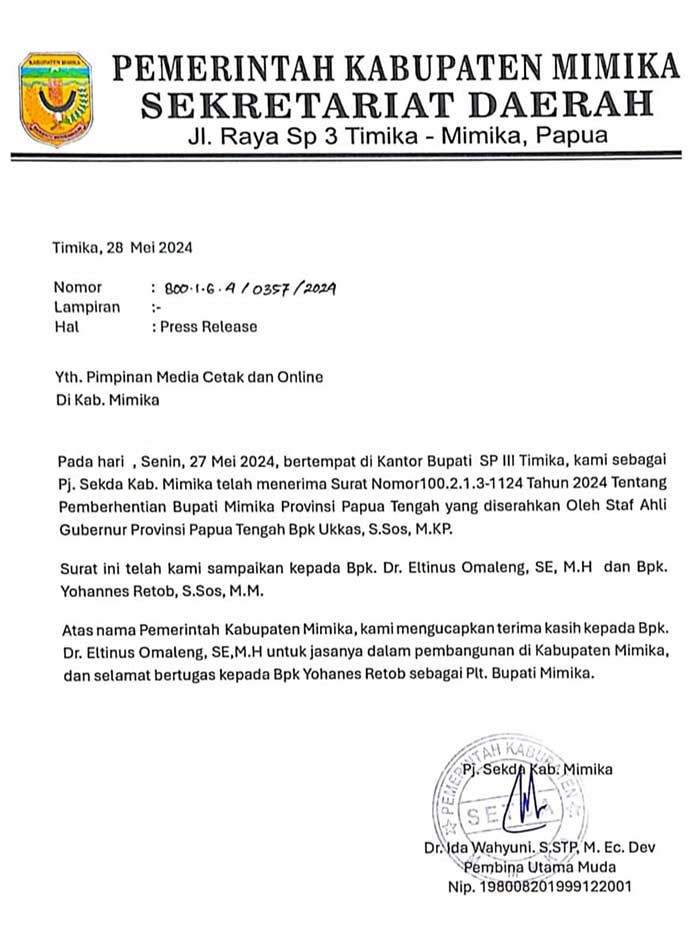 Pemkab Mimika Sudah Terima SK Bupati Johanes Rettob 2 Pemkab Mimika Press Rilis SK Bupati JR