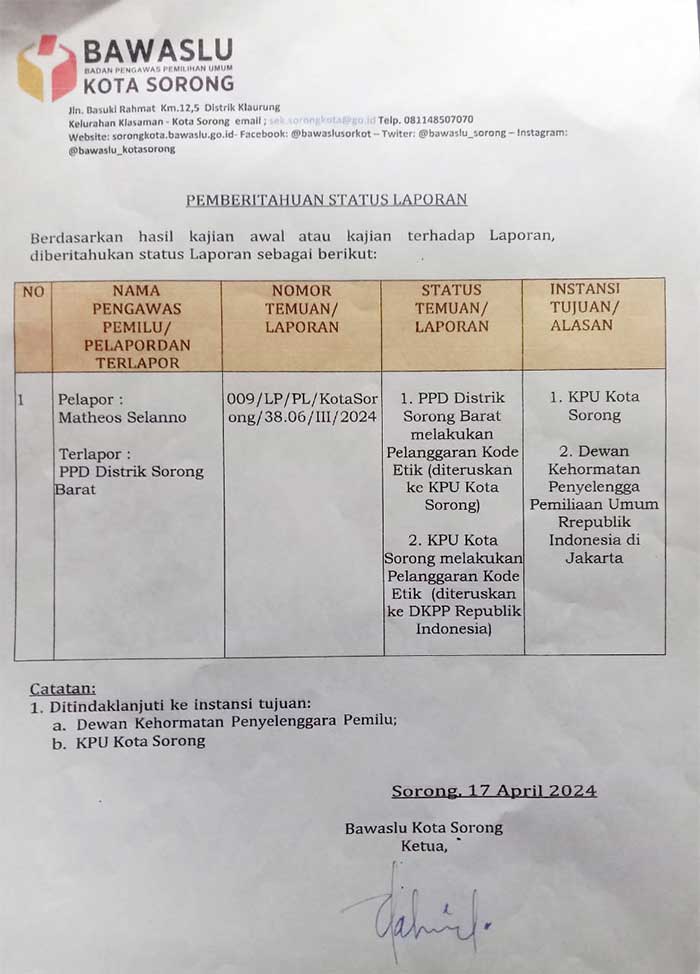 Surat Bawaslu Kota Sorong