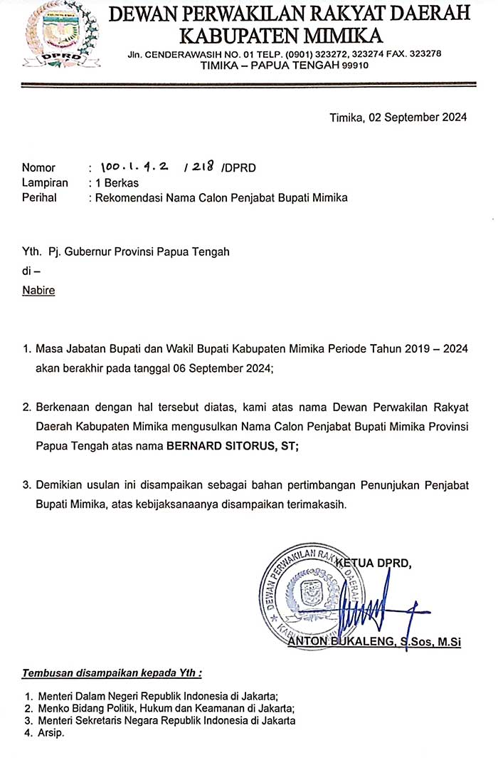 Surat Rekomendasi DPRD Mimika Usul Pj Bup Mimika