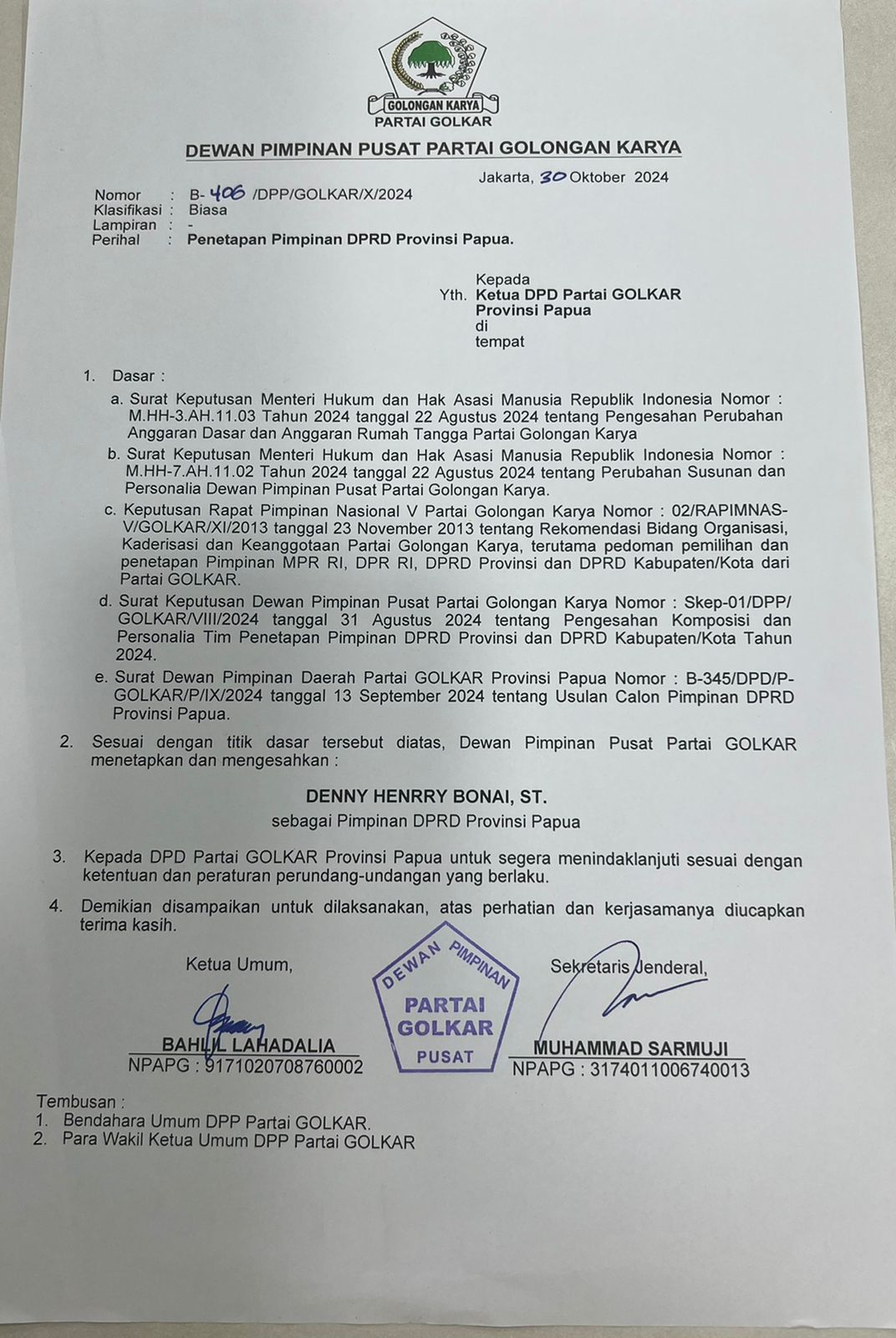 DPP Golkar Tunjuk Deny Bonay Jabat Ketua DPRP 2 IMG 20241104 WA0071
