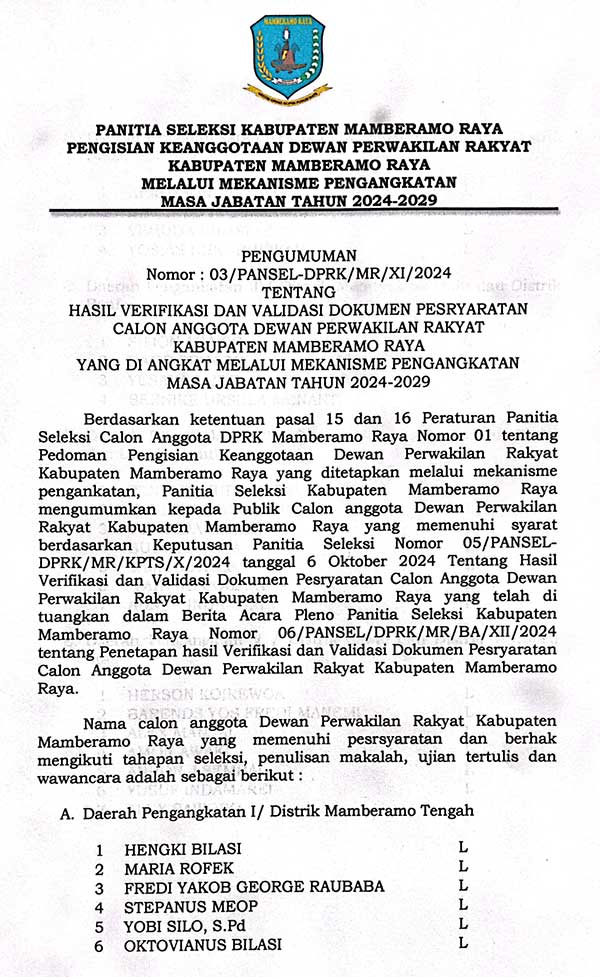 28 Calon DPRK Mamberamo Raya Jalur Adat Lolos Validasi Dokumen, Ini Daftar Namanya 2 Seleksi DPRK Mambraya Jalur Adat Daftar Nama