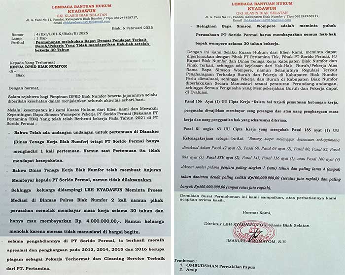 Perjuangkan Pesangon 30 Tahun Simson Wompere, LBH KYADAWUN Surati DPRK Biak 2 LBH KYADAWUN Biak Surati DPRK Biak
