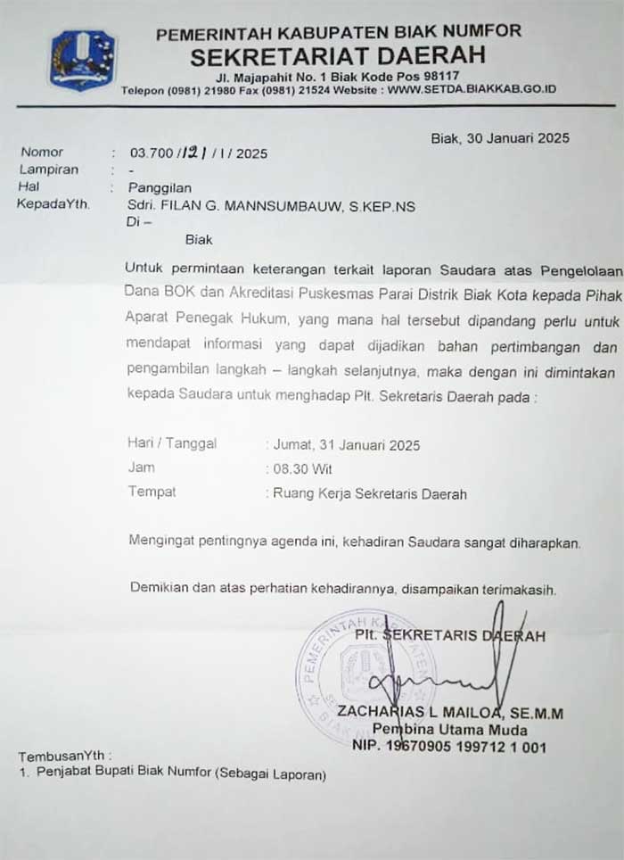 Soroti Manuver Plt Sekda Biak, Kuasa Hukum Tegaskan Kasus Dana BOK Puskesmas Paray Lanjut 2 LBH KYADAWUN Surat Panggilan Plt Sekda Biak