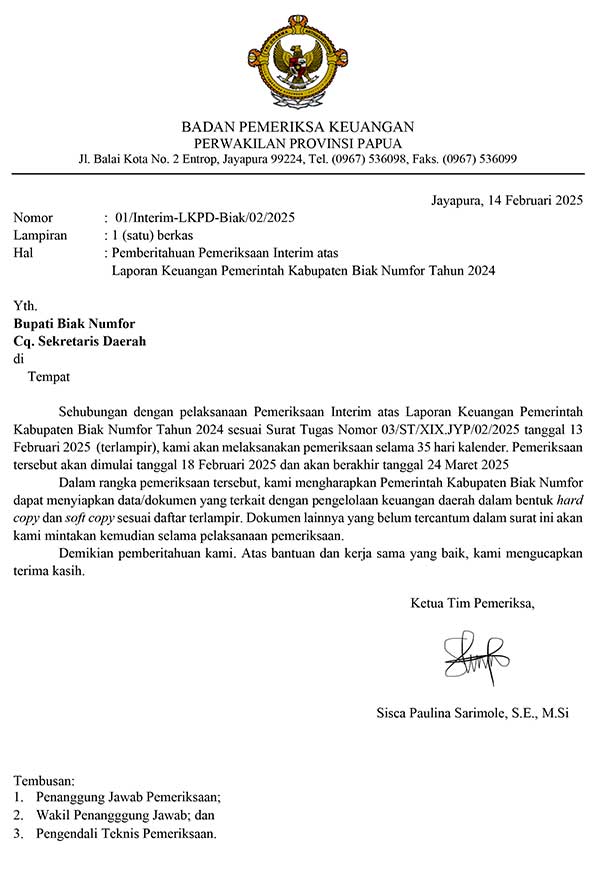 Surat Pemberitahuan BPK Periksa Pemkab Biak