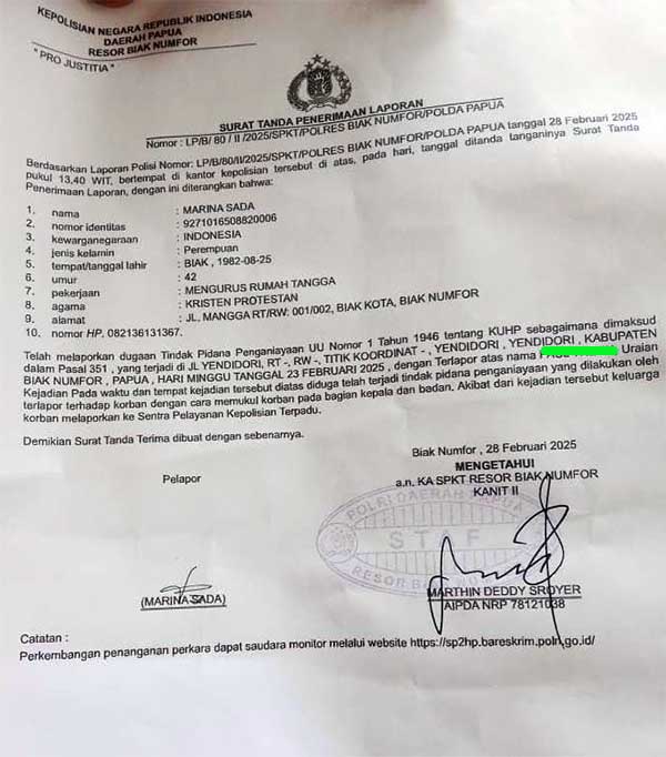 Keluarga Besar Koibur Pidanakan Seorang Oknum Polisi di Polres Biak, Begini Kasusnya 3 LP Marina Sada lapor Oknum Polisi di Biak