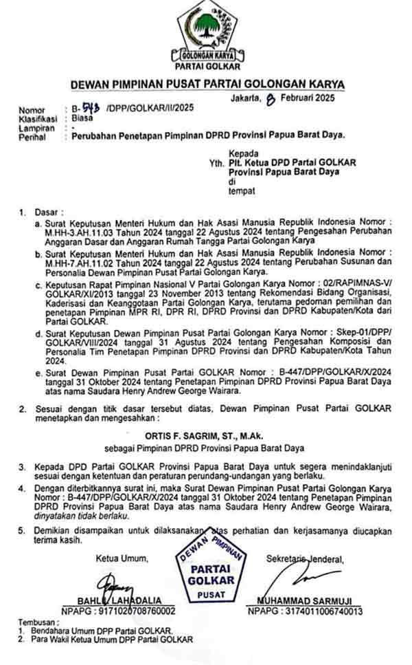 SK Golkar Tetapkan Ortis Sagrim