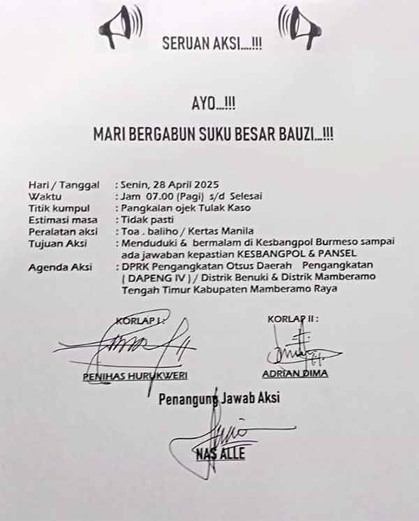 Kelompok Masyarakat MTT-Benuki Akan Gelar Aksi Demo, Sineri Tegas Ingatkan Soal Ini 2 Seruan Aksi Demo Masyarakat Mamberamo Raya