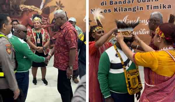 Momen Menteri HAM Natalius Pigai disambut meriah oleh Bupati Johannes Rettob, Wakil Bupati Emanuel Kemong, Sekda Petrus Yumte, serta Forkopimda Mimika di Bandara Mozes Kilangin Timika, Papua Tengah, Selasa pagi (13/5/2025) / Foto : Evi