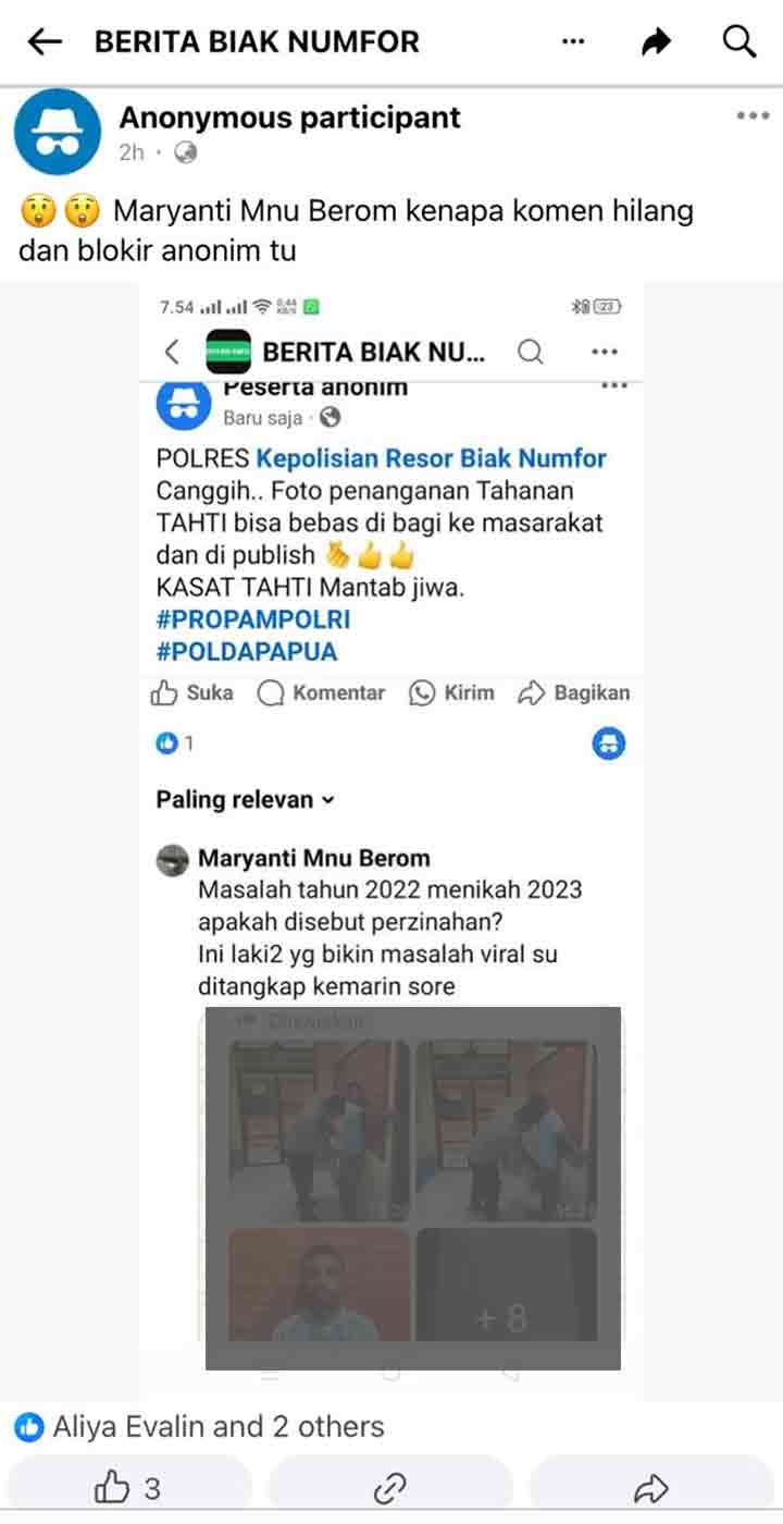 Foto-foto Tahanan Tersebar di Fb, Oknum Internal Polres Biak Diduga Langgar Kode Etik 2 Postingan Foto Kasus KDRT Arway Sada2