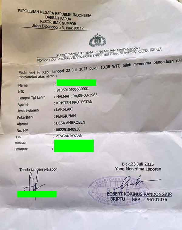 Diduga Oknum Polisi Aniaya Polisi di Polres Biak, Ortu Korban Lapor Polda Papua 2 LP Polisi Aniaya polisi di Polres Biak