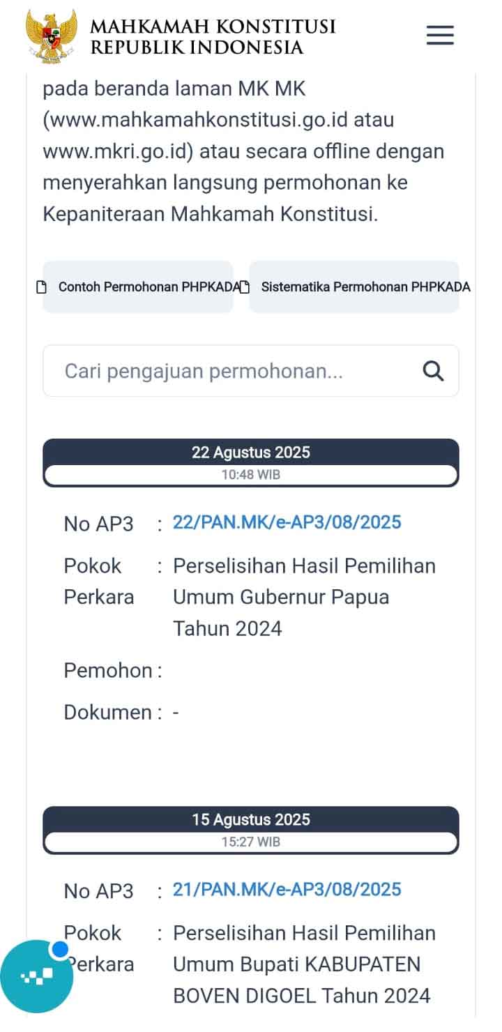 MK Registrasi Perkara Hasil PSU Pilgub Papua 2 Foto Register Perkara PHPU Pilgib Papua