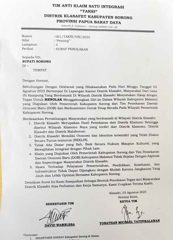 Tim TAKSI Distrik Klasafet Dukung Calon DOB Malamoi, Tapi Tolak Ini 2 Tim TAKSI Distrik Klasafet Aspirasi ke DPRP PBD 1