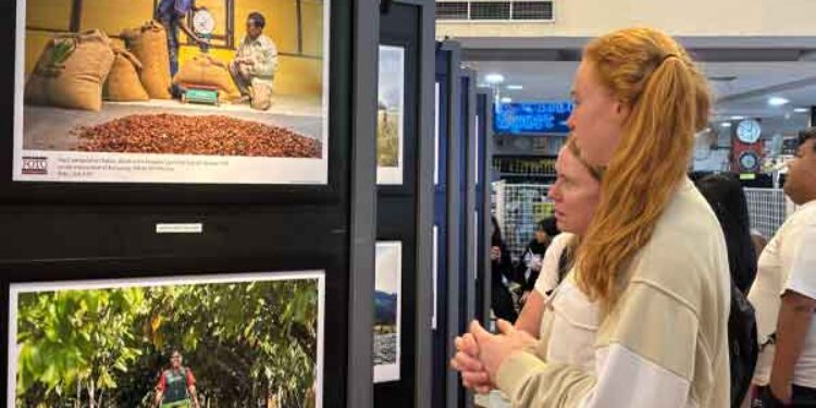 Wisatawan mancanegara melihat potret pembangunan Mimika dari masa ke masa di pameran Mimika Photo Exhibition 2015 / Foto: PFI Timika