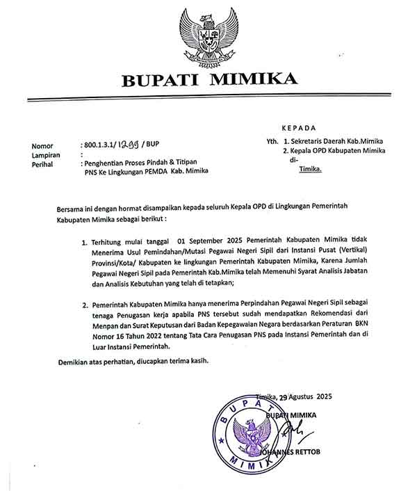 Bupati Mimika Tutup Pintu Mutasi ASN, Ini Dasar dan Alasannya 2 SK Bupati JR Soal Mutasi ASN
