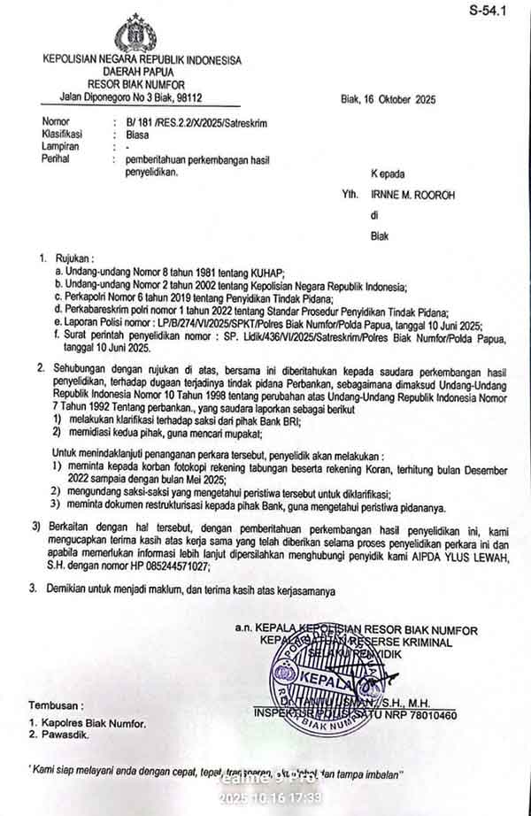 Fakta Baru Dugaan Restrukturisasi Fiktif BRI Unit di Biak, Proses Hukum Lanjut 3 SP2HP Kasus Irnne Rooroh