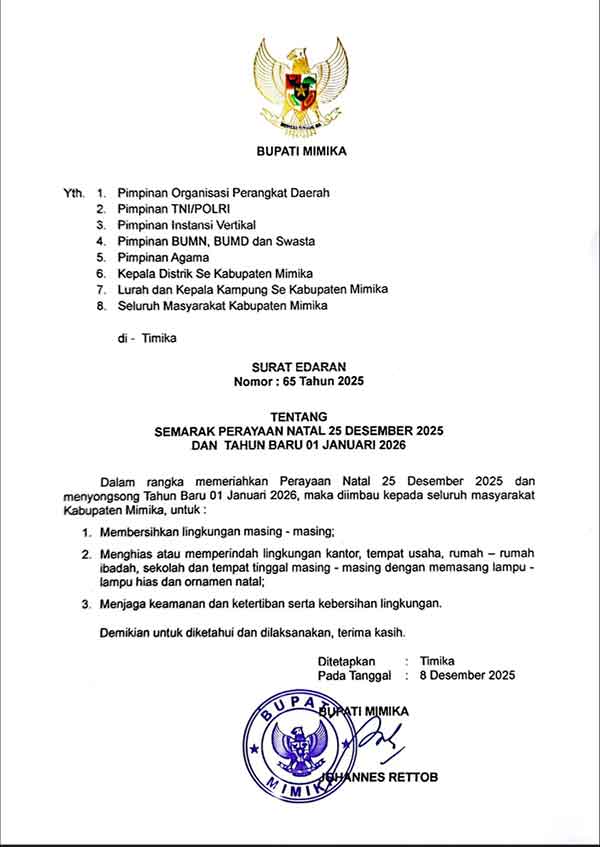 SE Bupati Mimika Sambut Natal 2025 Lengkap