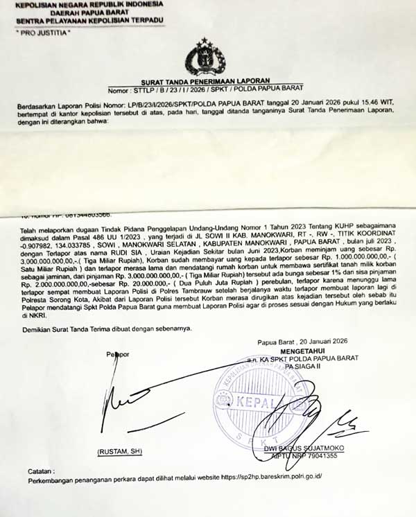Dugaan Penggelapan Sertifikat: Rudi Sia Cs Resmi Dipolisikan di Polda Papua Barat 2 LP Dugaan Penggelapan Sertifikat Rudi Sia Cs