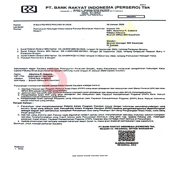 Skandal Kredit Macet 4M Guncang BRI di Maluku: Karyawan di-PHK, Pemberi Instruksi Lolos 3 BRI Tiakur Surat PHK