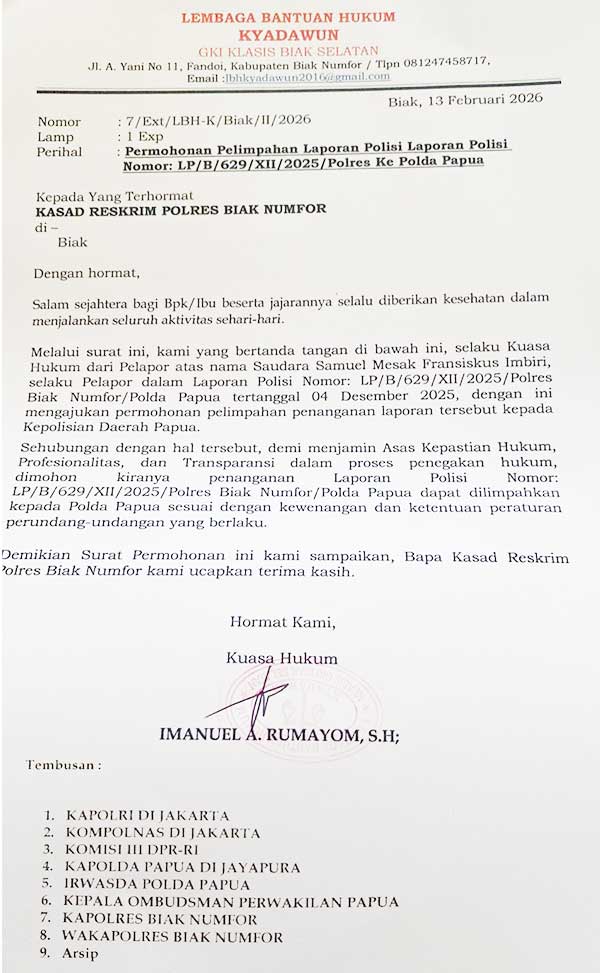 Ortu Korban Minta LP Penganiayaan di Brimob Biak Dilimpahkan ke Polda Papua 2 LBH KYADAWUN Biak MInta Pelimphan LP ke Polda