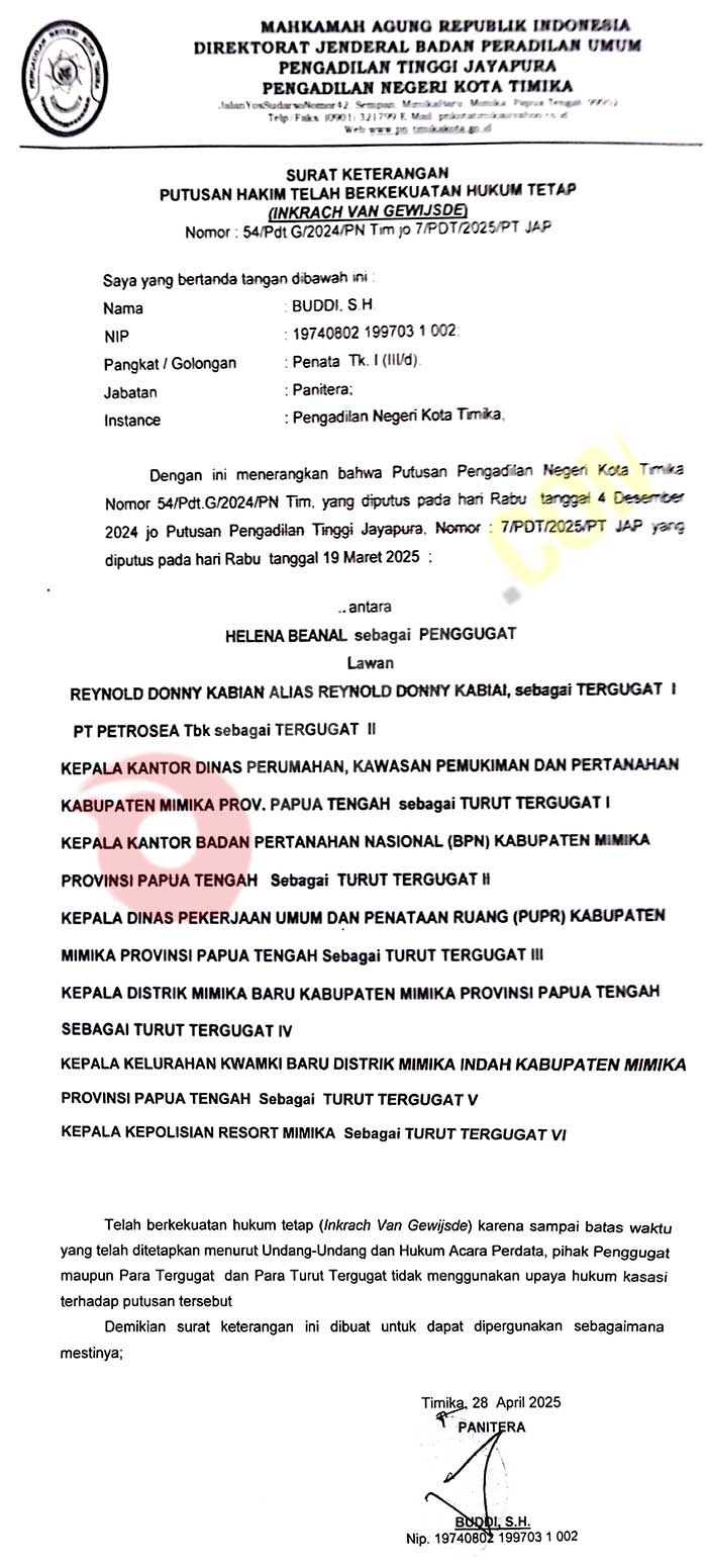 INKRAH! Begini Fakta PT Jayapura TOLAK Gugatan Helena Beanal Lawan Petrosea 3 Putusan Petrosea Suket INKRAH
