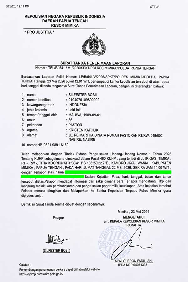 Perusak Pagar Keuskupan Timika Resmi Dipolisikan, Diduga Libatkan Oknum Makelar Tanah 2 LP Kasus Perusakan Pagar Keuskupan Timika