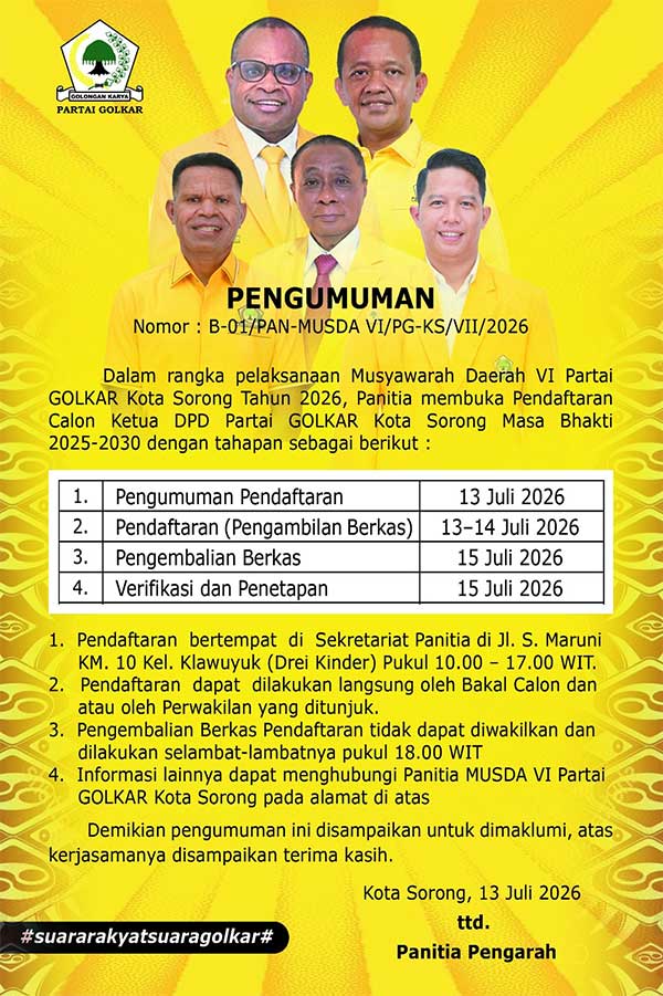 Pendaftaran Calon Ketua DPD Partai Golkar Kota Sorong Resmi Dimulai, Prioritaskan Kader 2 DPD Golkar Kota Sorong Musda 2026