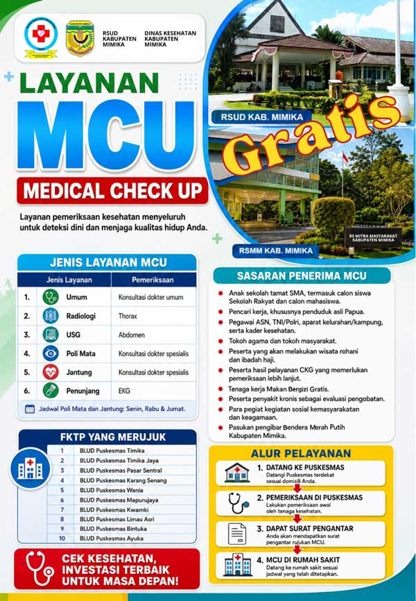 Dinkes Mimika Buka Layanan MCU Gratis Bagi Masyarakat, Cek Lokasinya 2 Dinkes MIMIKa MCU Gratis2
