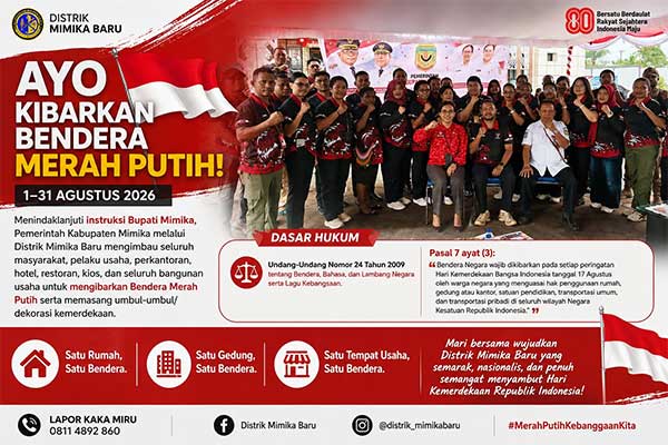 Kadistrik Mimika Baru Ajak Warga Semarakkan HUT ke 81 RI: Satu Rumah, Satu Bendera 2 Distrik Mimika Baru Imbauan Kibarkan Merah Putih