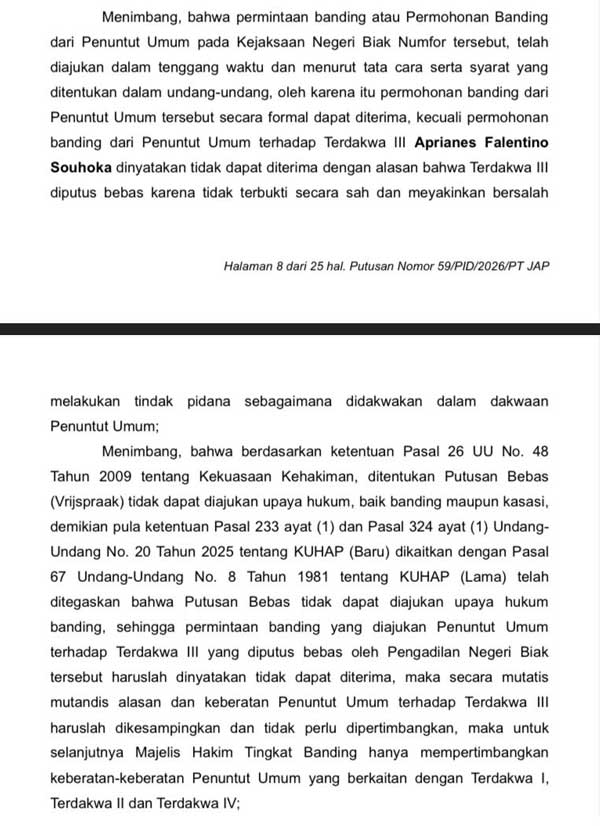 Hakim PT Jayapura Diapresiasi, Kesampingkan Banding JPU di Vonis Bebas PN Biak 3 LBH KYADAWUN Biak Putusan Bebas Apires Souhoka