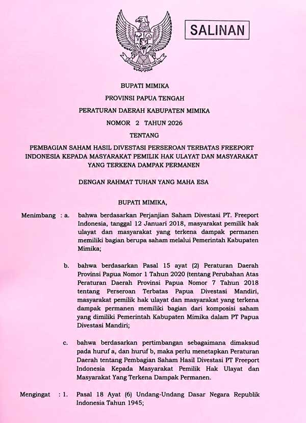 Perda Saham 10 Persen PTFI Resmi Diserahkan, Begini Respon Tegas FPHS Tsingwarop 2 Perda Saham 10 Persen PTFI