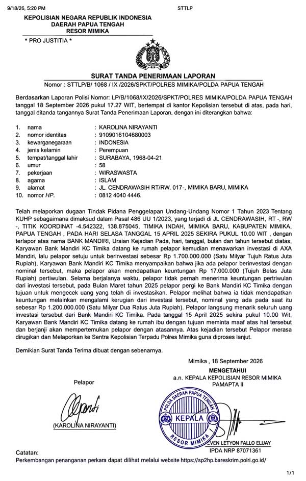 LP Pengusaha Lapor AXA Mandiri Timika