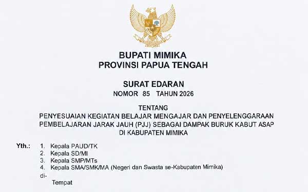 Kualitas Udara Buruk, Pemkab Mimika Terbitkan SE PJJ Bagi Siswa PAUD-SD