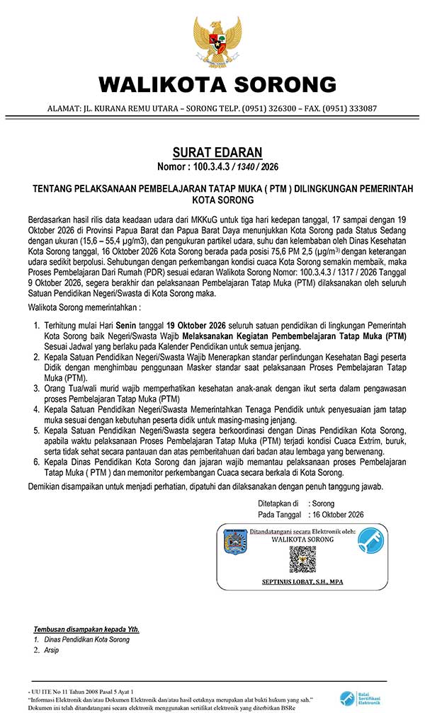 Edaran Walikota Sorong 1 PTM